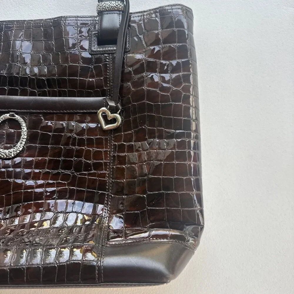Brighton Brown Embossed Croc Patent Leather Shoulder Tote Hand Bag 18X13
